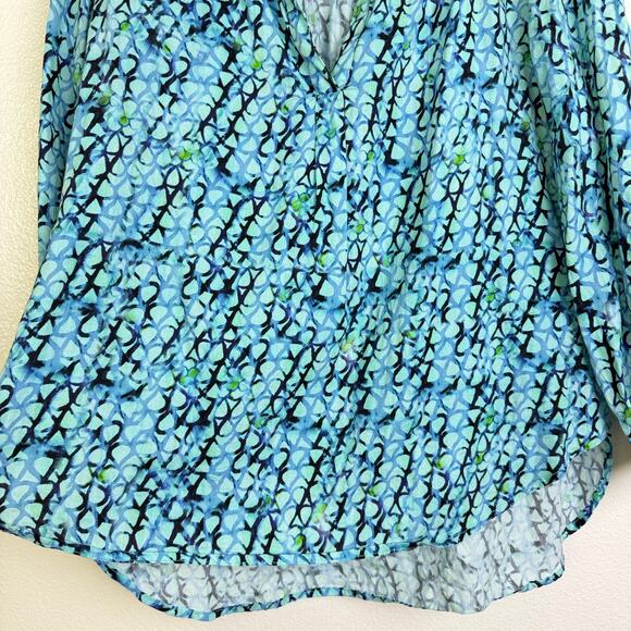 Finley Top Womens Medium Blue Shirt Long Sleeve V Neck Printed Boho Artsy Blouse - Picture 6 of 10